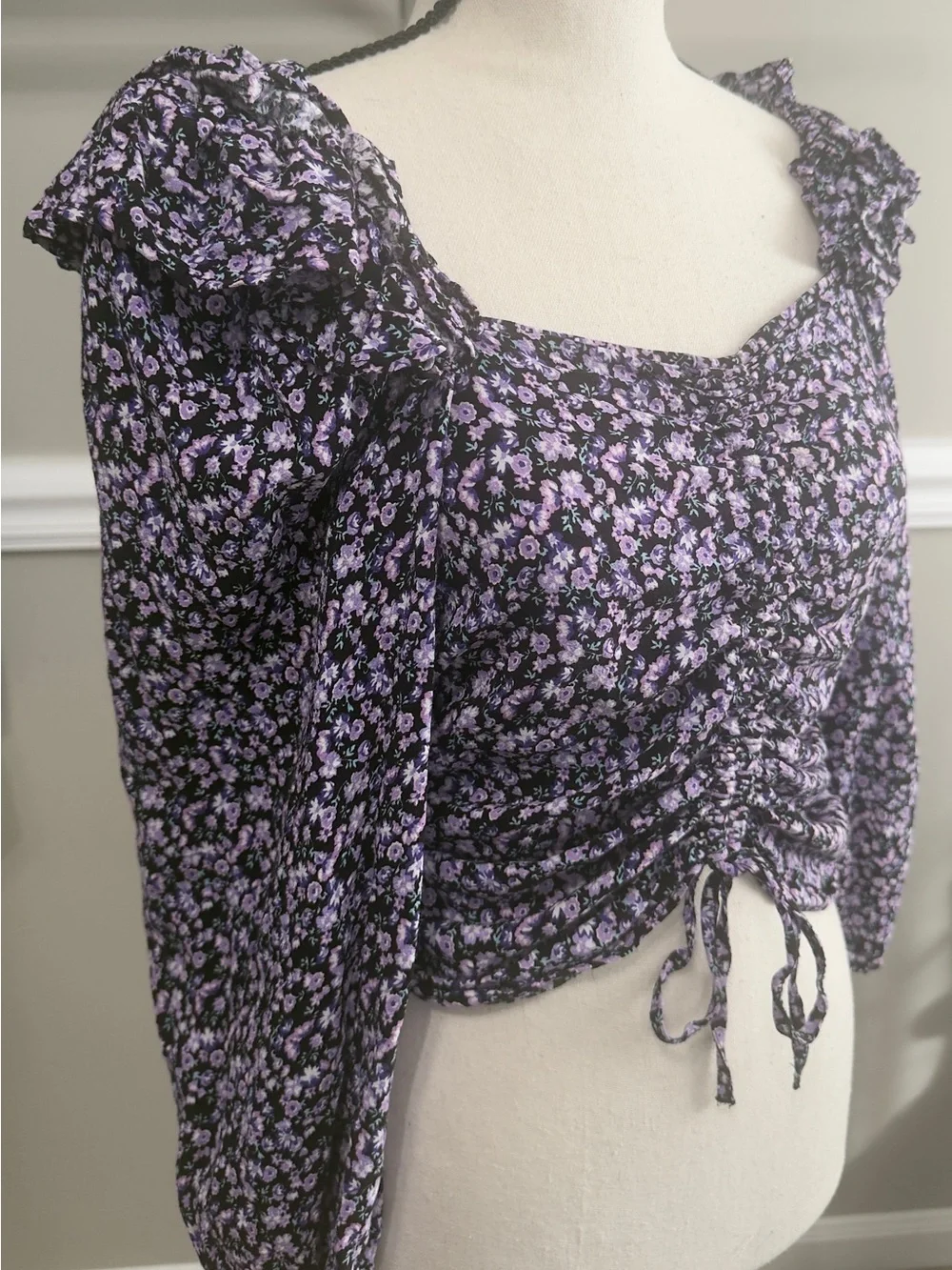 Zara Purple Floral Cottagecore Ruched Crop Top L 318